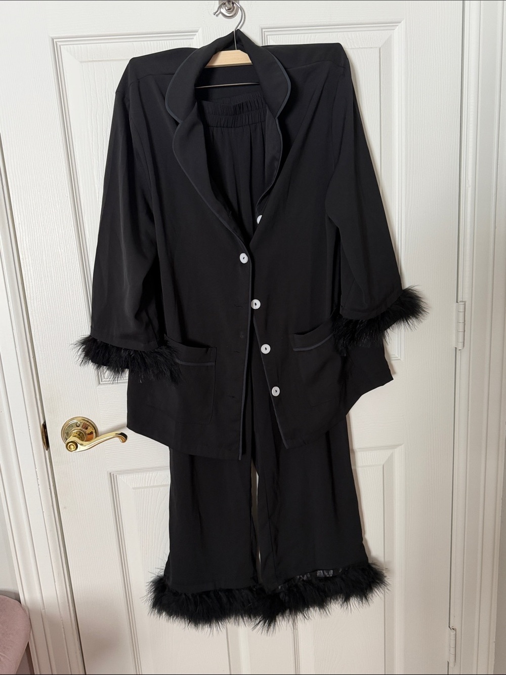 Sleeper brand Classic Black Feather-Trim Pajama Set ostrich removable small